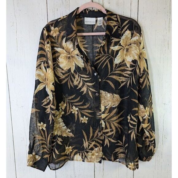 Alfred Dunner Tops - Alfred‎ Dunner Size 14 Black Gold Floral Button Down Semi Sheer Long Sleeve Top